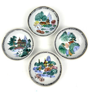 3 Vtg Japanese Sauce Bowls Hand Painted Pagoda Scenes 4" Wall Hanging Ceramic
